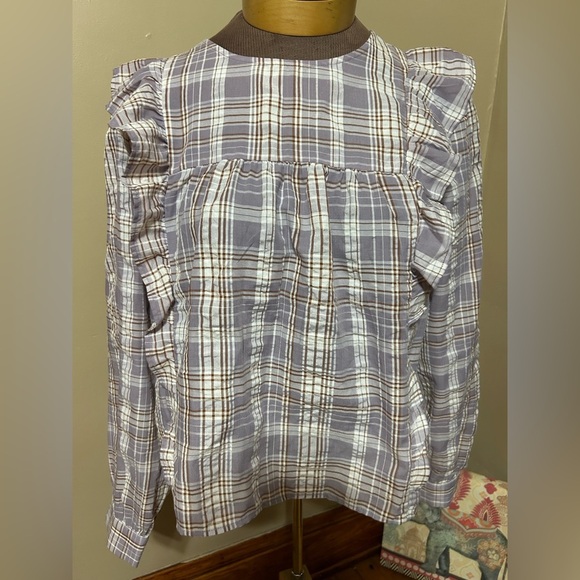 Ann Taylor LOFT  Women Frosted Lavender Plaid Ruffle Cropped Blouse, L Prairie - Picture 5 of 12